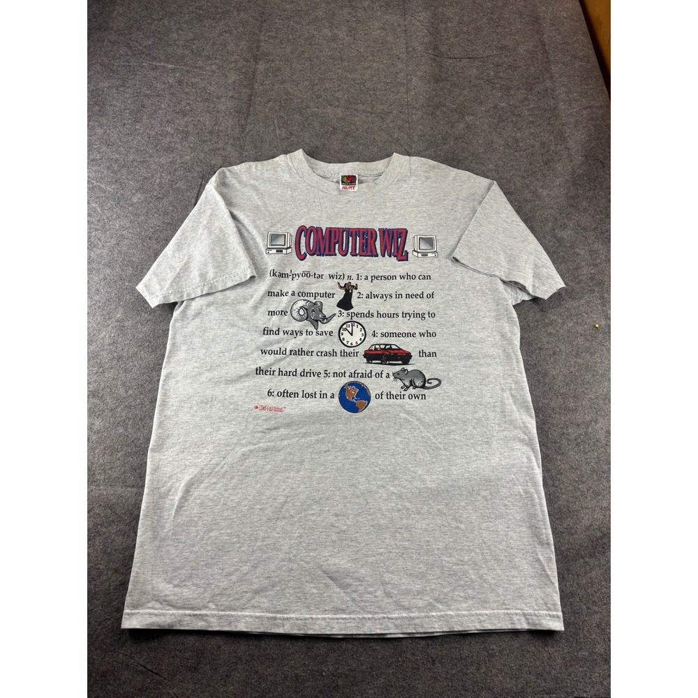 VTG Fruit of the Loom Computer Wiz Graphic T-Shirt Gray XL 90s Tech Humor